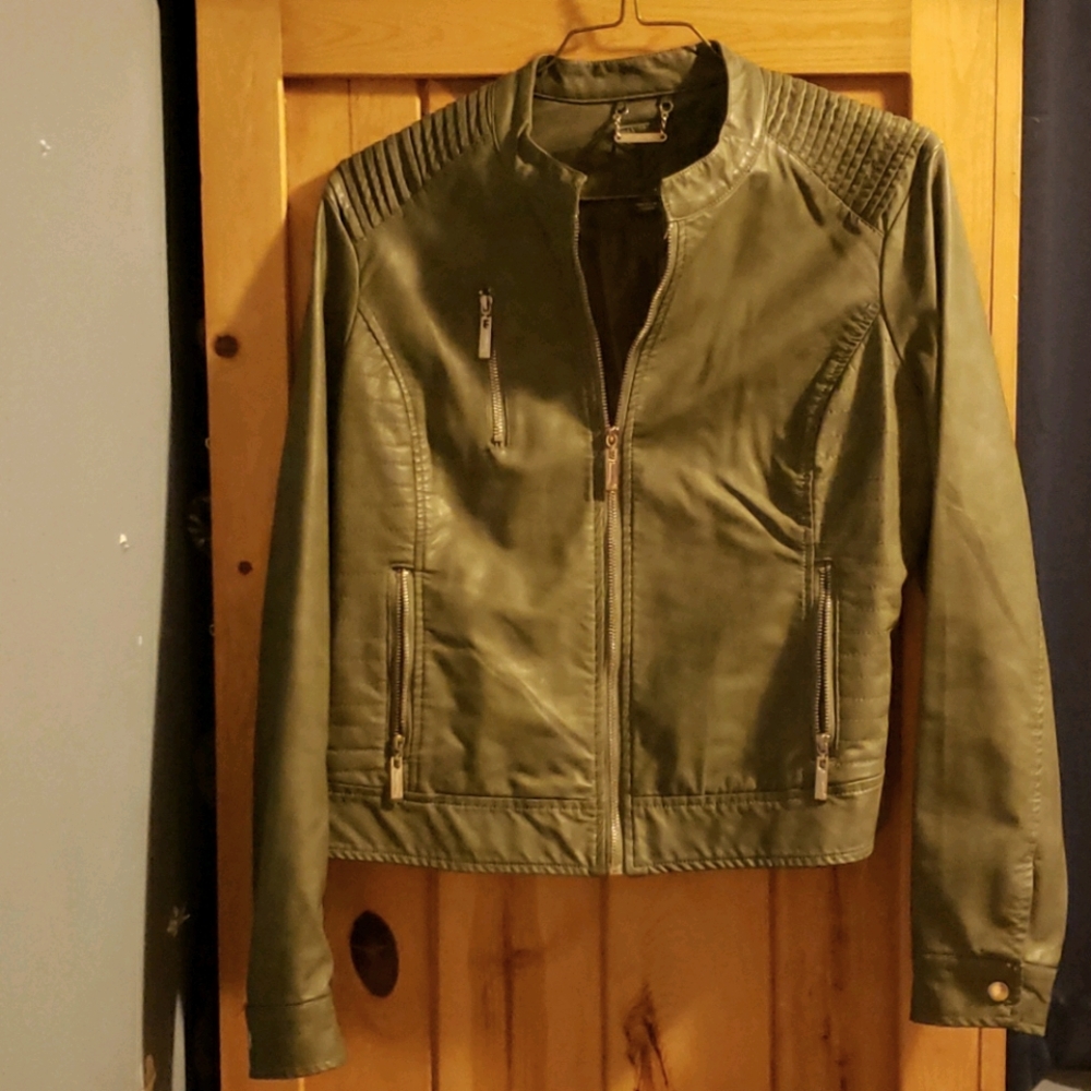 Women's Green Faux Leather Biker Jacket